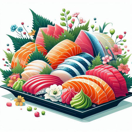 Illustration of Sushi Set - Japanese Food. Vector Illustrationのイラスト素材