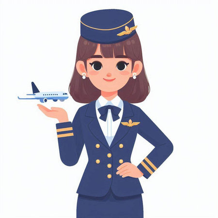 Stewardess in uniform with airplane on white background. Vector illustrationのイラスト素材