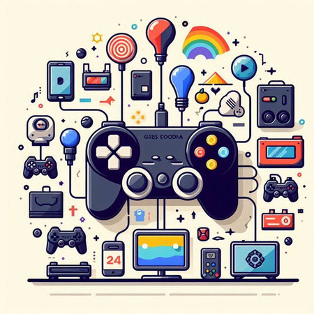 Vector illustration in flat linear style with gamepad, video game controller, gamepad, joystick, console and other entertainment objects.のイラスト素材