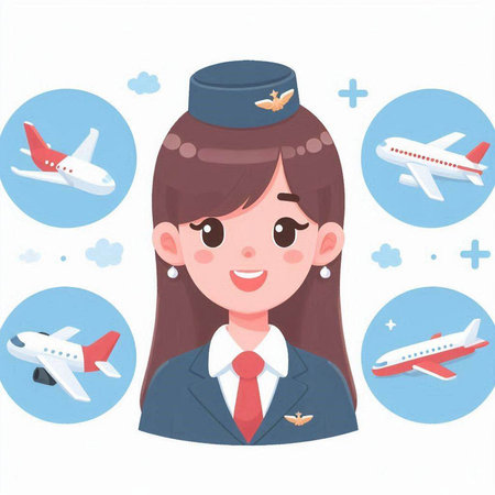 Stewardess in uniform and airplane on white background. Vector illustration.のイラスト素材