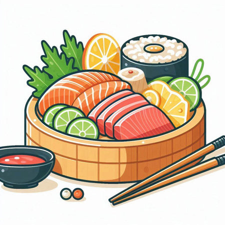 Illustration of Sushi in a wooden bowl with chopsticks.のイラスト素材