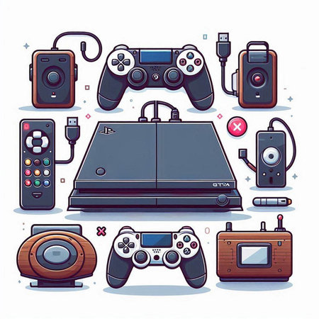 Set of video game equipment. Gamepad, joystick, video game controller, headphones, speaker, tv. Vector illustrationのイラスト素材