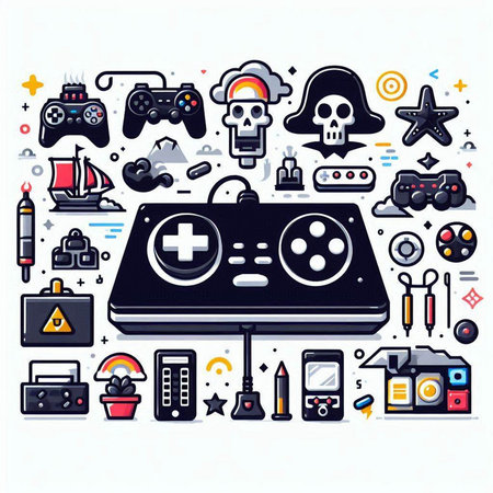 Retro video game equipment set in line art style. Vector illustrationのイラスト素材