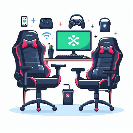 Vector illustration of a flat design of modern office chair with computer monitor, mouse, keyboard, mouse, keyboard, joystick and headphones.のイラスト素材
