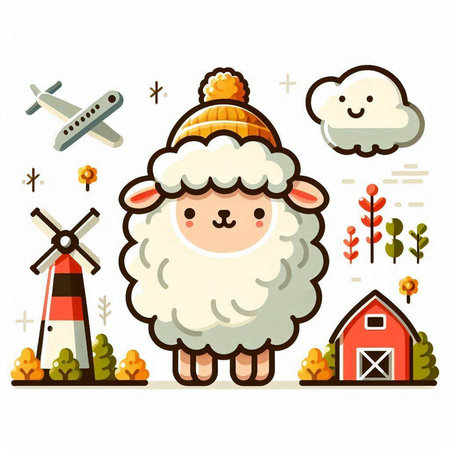 Sheep, windmill, airplane, clouds. Cute cartoon vector illustration.のイラスト素材