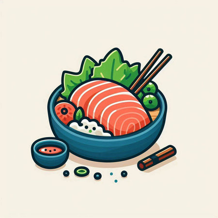 Salmon with chopsticks and vegetables in bowl. Vector illustration.のイラスト素材