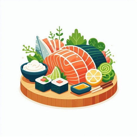 Illustration of sushi on a wooden board. Vector illustration in flat styleのイラスト素材
