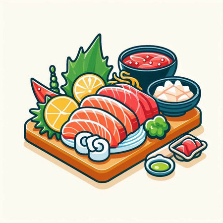 Sushi japanese food vector illustration. Sashimi, sushi rolls, nigiri, ginger, wasabi, soy sauce.のイラスト素材