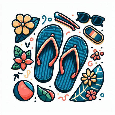 Flip flops and summer accessories. Vector illustration in doodle styleのイラスト素材