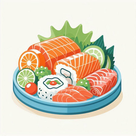 Japanese food. Sushi and rolls in a plate. Vector illustrationのイラスト素材