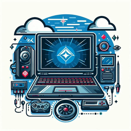 Videogame concept. Vector illustration of a laptop with a video game console on the screen.のイラスト素材