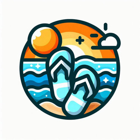 Vector illustration of a beach with flip flops and sun in circleのイラスト素材