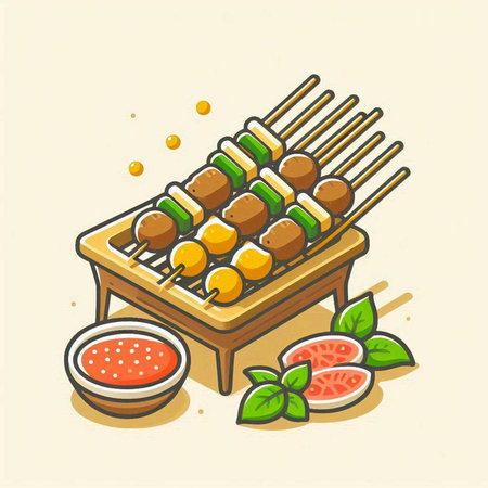 Illustration of grilled meatballs and vegetables on wooden skewers.のイラスト素材