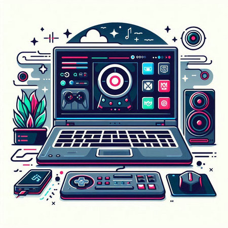 Vector illustration of a laptop in a flat style. Laptop, mobile phone, gamepad, remote control.のイラスト素材