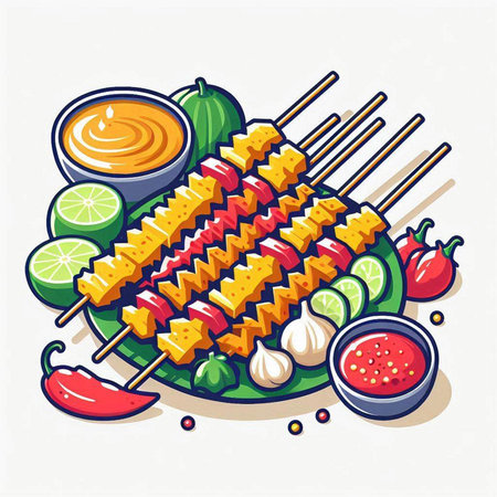Illustration of grilled kebab on skewers. Vector illustration.のイラスト素材