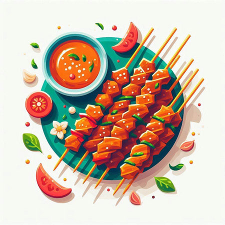 Skewers of meat on skewers with tomato sauce. Vector illustrationのイラスト素材