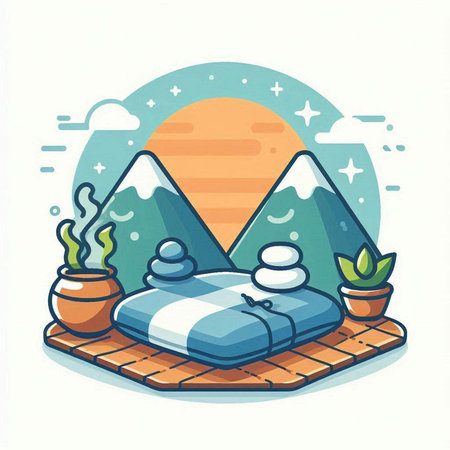 Vector illustration of a comfortable bed with a pillow in the mountains.のイラスト素材