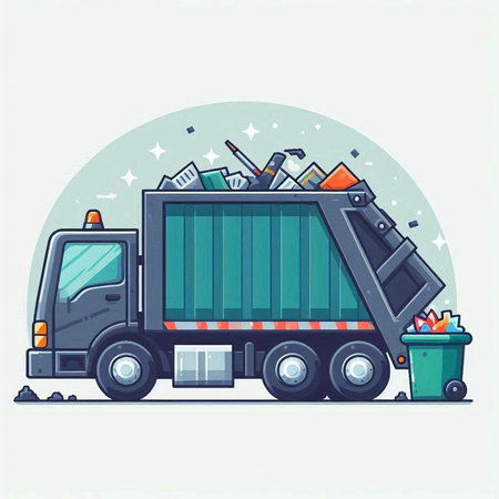 Garbage truck with trash and waste. Vector illustration in cartoon style.のイラスト素材