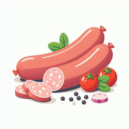Sausage with tomato, pepper and onion. Vector illustration.のイラスト素材