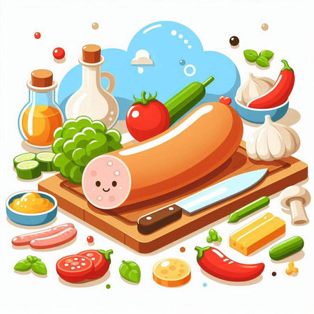 Sausage with vegetables on a wooden board. Vector illustration.のイラスト素材