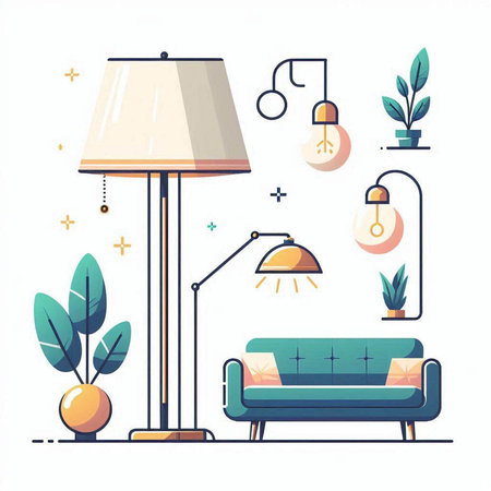 Vector illustration of living room interior with furniture, lamp and plants. Flat style.のイラスト素材