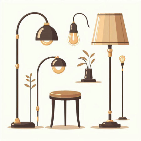 Set of modern lamps and table. Vector illustration in flat style.のイラスト素材