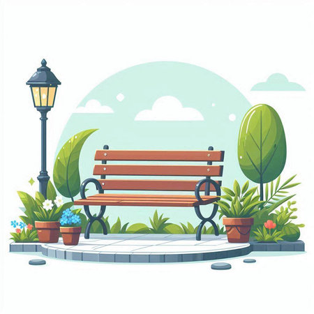 Wooden bench in the park. Vector illustration in flat style.のイラスト素材