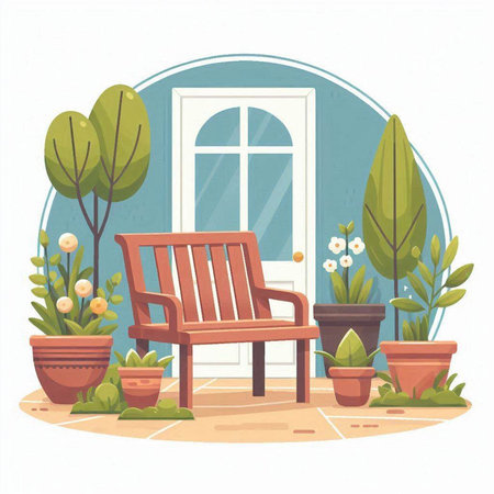 Vector illustration of a wooden chair in the garden with flowers and plants.のイラスト素材