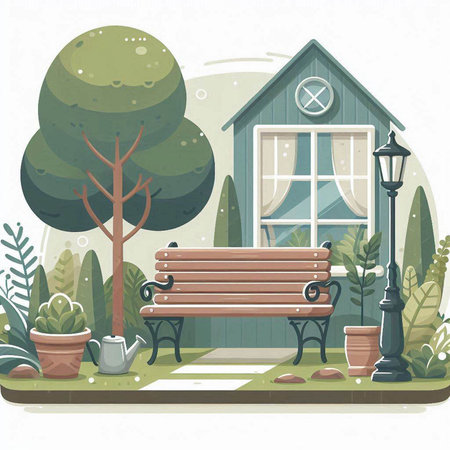 Park bench in front of the house. Flat style vector illustration.のイラスト素材