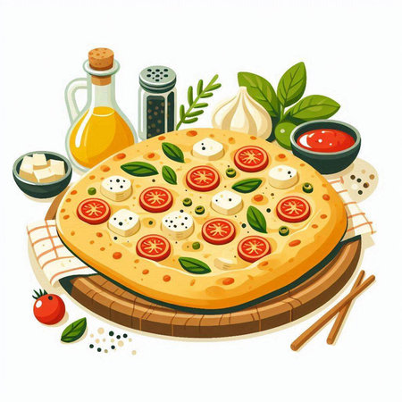 Pizza with mozzarella, tomato and basil. Vector illustration.のイラスト素材