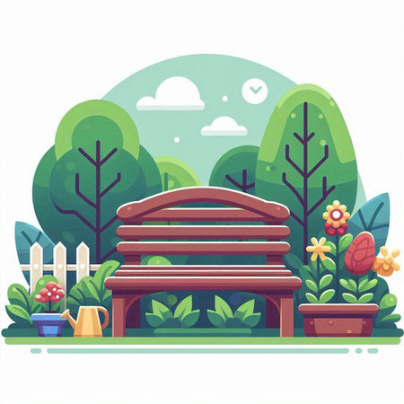 Wooden bench in the garden. Vector illustration in flat style.のイラスト素材