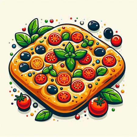 Pizza with cherry tomatoes, olives and basil. Vector illustration.のイラスト素材