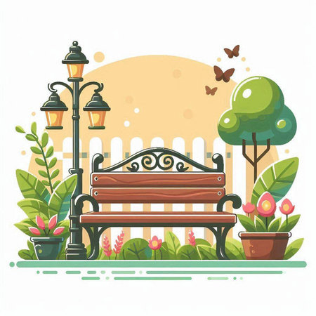 Bench in the garden with lanterns and flowers. Vector illustration.のイラスト素材