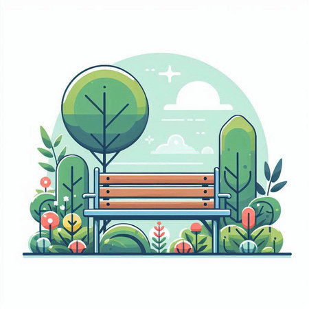 Vector illustration of park bench with trees, bushes and plants. Flat style.のイラスト素材