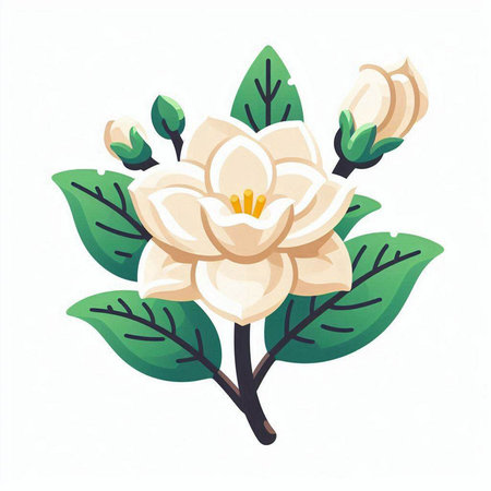 Beautiful magnolia flower with green leaves isolated on white background. Vector illustration.のイラスト素材