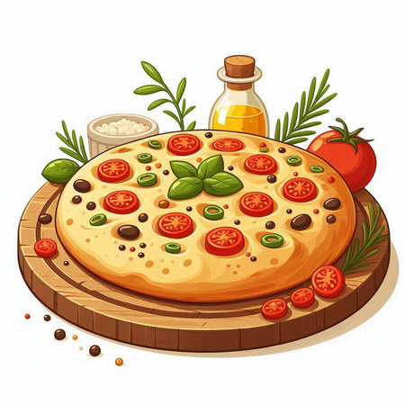 Illustration of a pizza on a wooden board with ingredients for cookingのイラスト素材