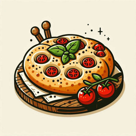 Pizza with tomatoes and basil on a wooden board. Vector illustration.のイラスト素材