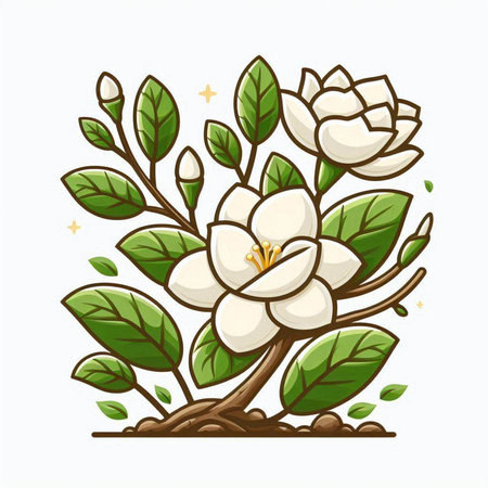 Illustration of white jasmine flower and green leaves on white backgroundのイラスト素材
