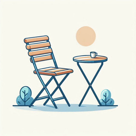 Table and chair in the garden. Vector illustration in flat style.のイラスト素材