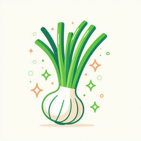 Vector illustration of fresh green onion on a white background with stars.のイラスト素材