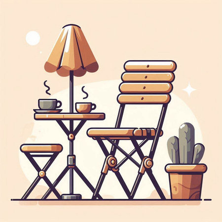 Illustration of a table with a lamp and a cup of coffeeのイラスト素材