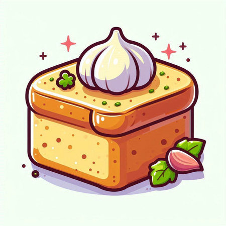 Illustration of a piece of bread with a garlic on top.のイラスト素材