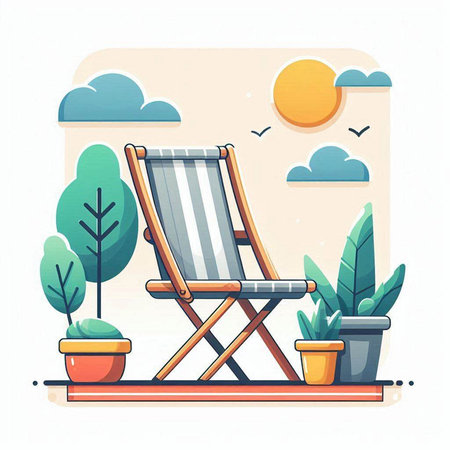 Deck chair in the garden. Vector illustration in flat style.のイラスト素材