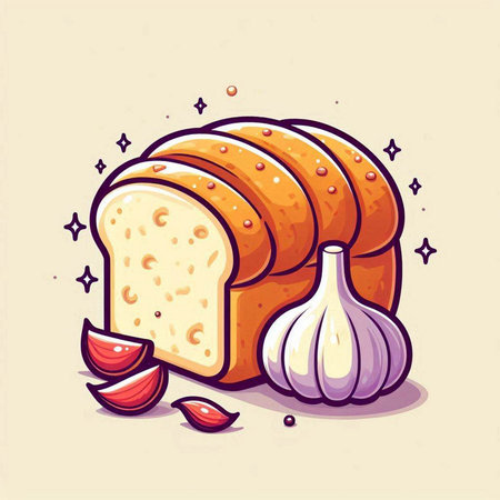 Illustration of a loaf of bread with garlic, onions and cheeseのイラスト素材