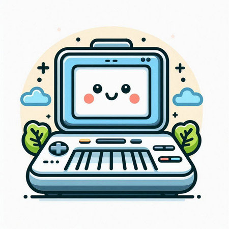 Vector line art illustration of laptop computer with happy face in flat style.のイラスト素材