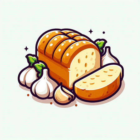 Illustration of a loaf of bread and garlic. Vector illustration.のイラスト素材