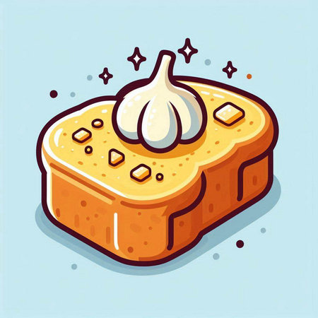 Illustration of a piece of bread with garlic on a blue backgroundのイラスト素材