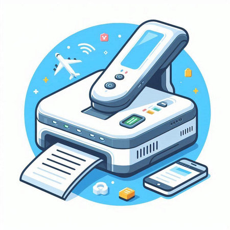 Vector isometric printer with documents and mobile phone on blue background.のイラスト素材