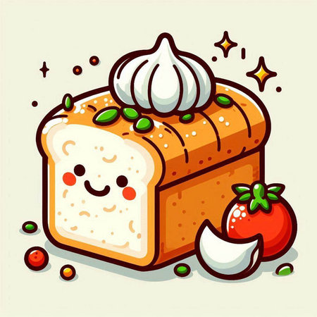 Cute kawaii bread with tomato and garlic. Vector illustration.のイラスト素材