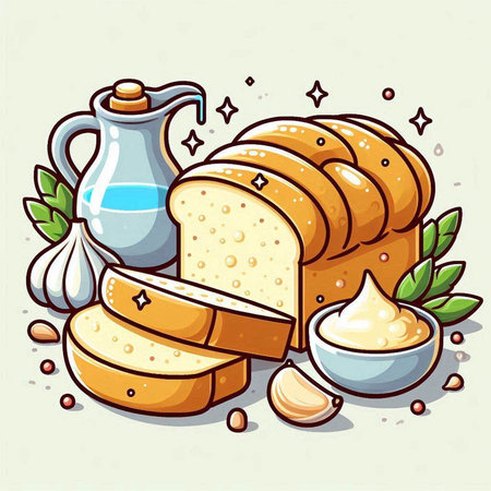 Illustration of a loaf of bread and ingredients on a light backgroundのイラスト素材